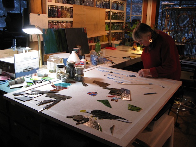 Dzantik’l Heeni School 4′ x 5′ mosaic panels in the studio